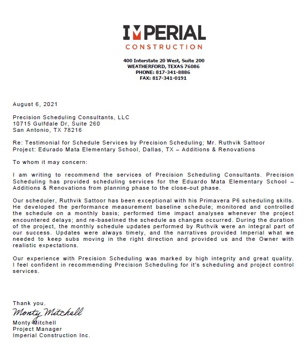 Imperial Construction Testimonial for Ruthvik Stator